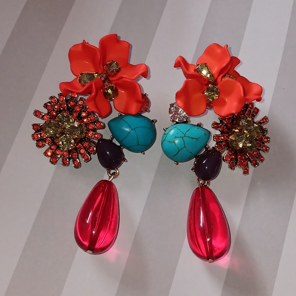 🧡HP! Eye-Catching Floral Crystal Embellished Teardrop Dangle Earrings New!